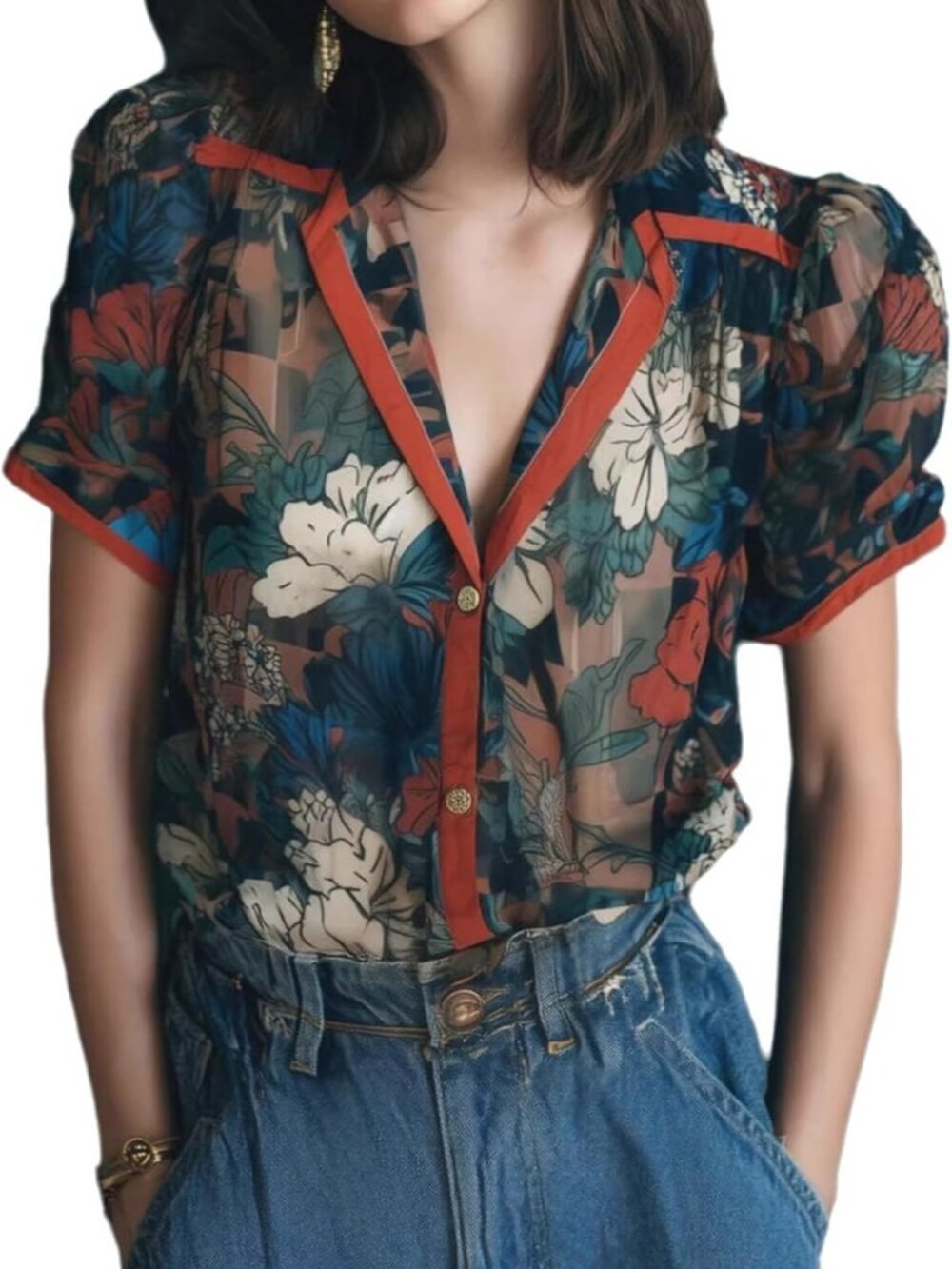 Chic Floral Chiffon Tops for Women | Short Sleeve V-Neck Button Down Blouse